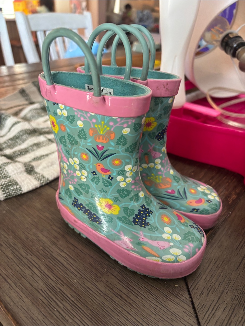 Kids Floral Rain Boots with Pink Trim and Handles